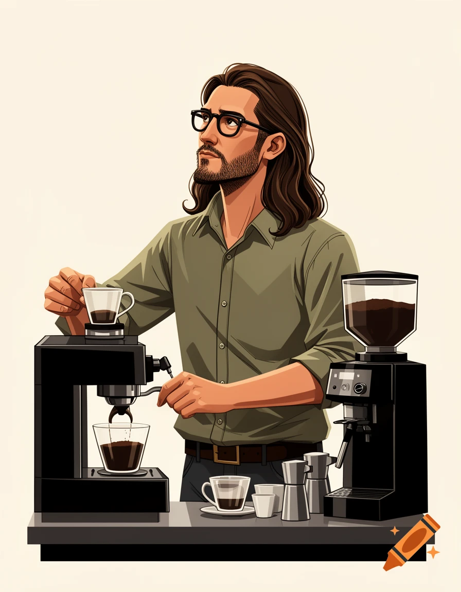 A long-haired, bearded man in glasses, dressed in a green shirt, makes coffee using an espresso machine in a comic art style.