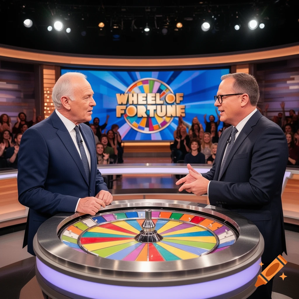 Two men in suits speak across a colorful game show wheel on a Wheel of Fortune set with an audience in the background.