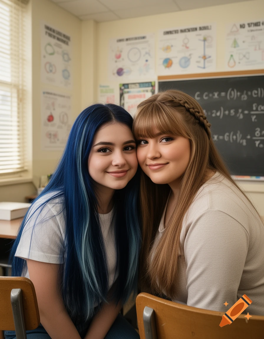 Two smiling teenage girls, one with blue and light blue hair, one with light brown hair, sit in a classroom looking at the camera.