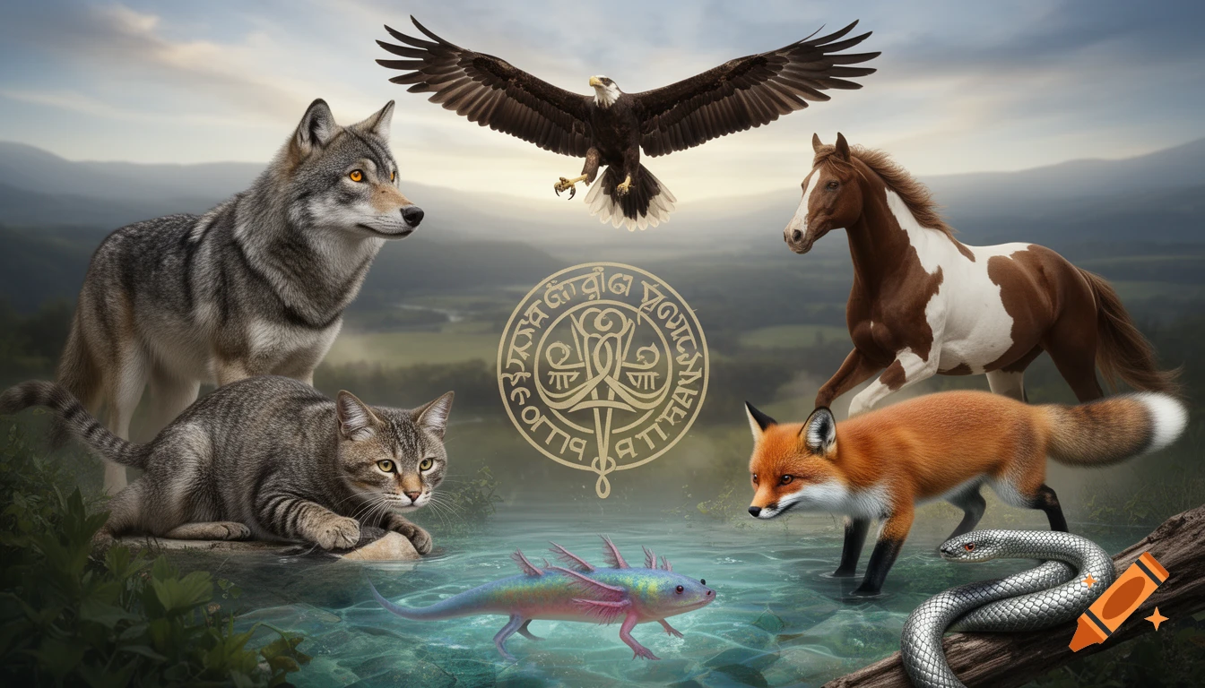 A majestic wolf, cat, eagle, horse, fox, axolotl, and snake gathered around a glowing golden Therian symbol in a misty natural landscape.