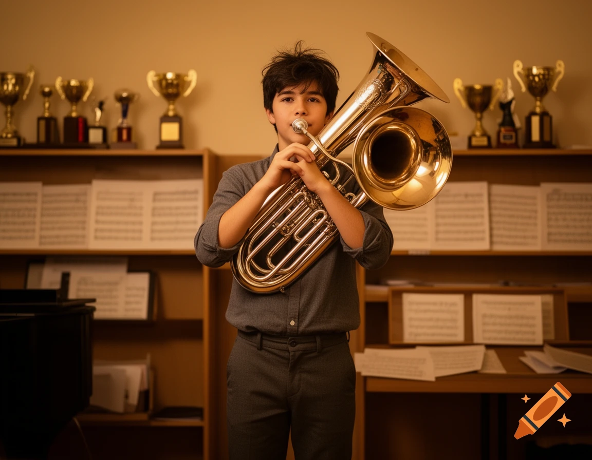A young boy plays a brass euphonium, standing in a room with shelves of sheet music and trophies.