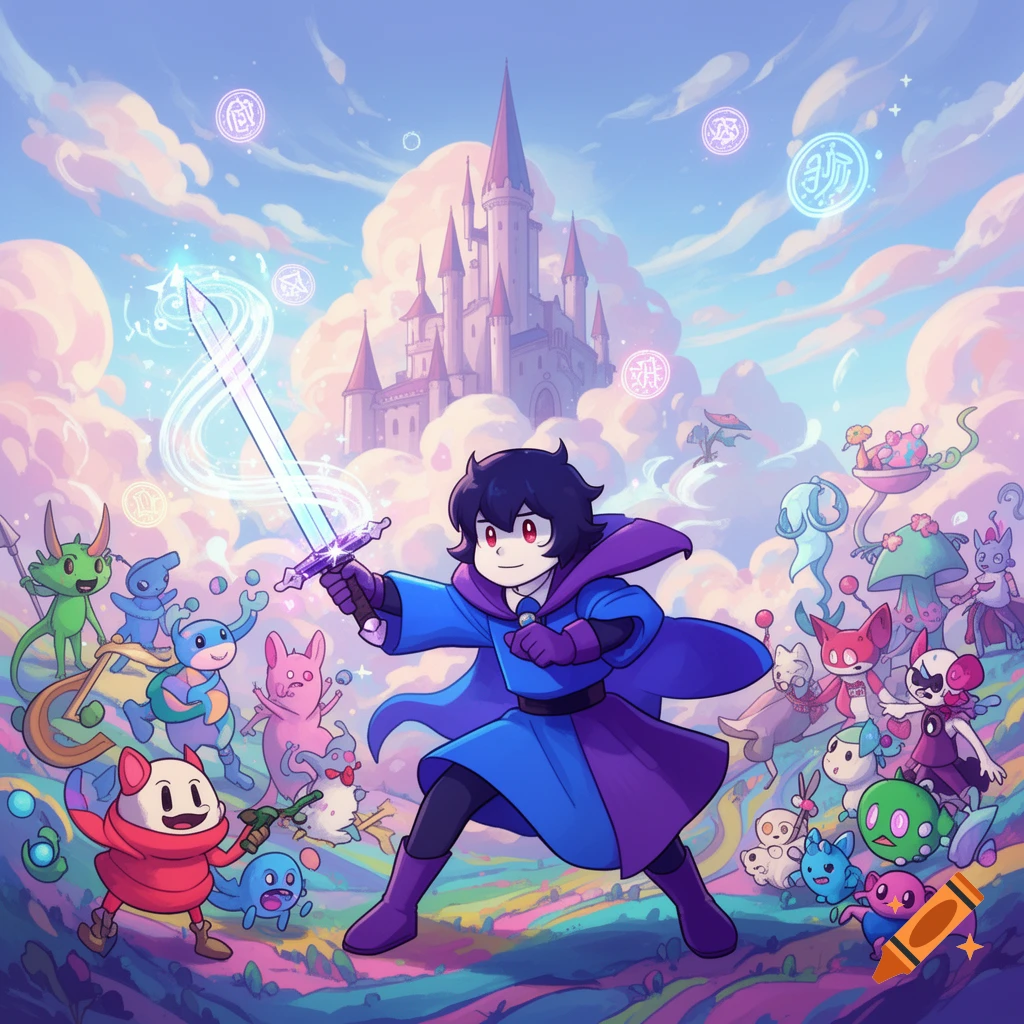 A cartoon hero with a sword, surrounded by whimsical creatures, stands before a pink castle under a vibrant, cloudy sky.