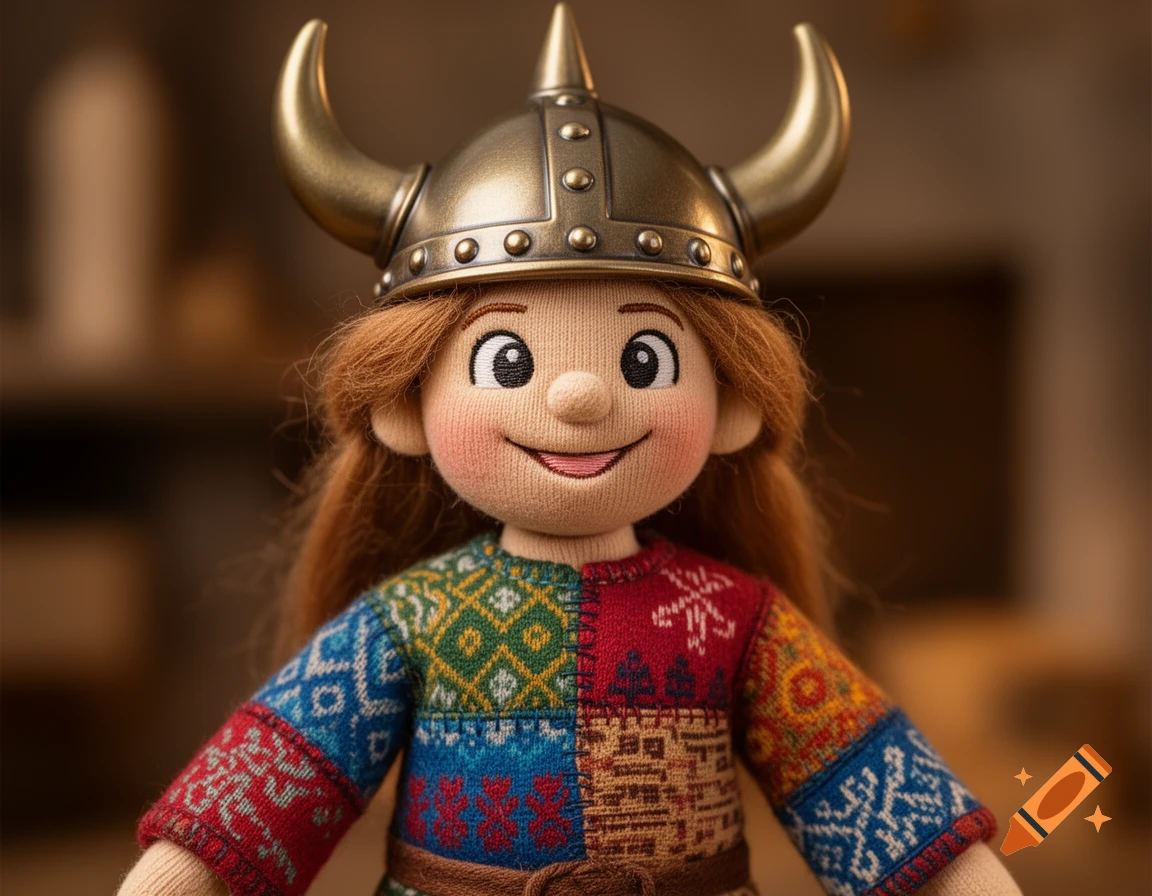 A close-up of a smiling doll with reddish-brown hair, wearing a bronze Viking helmet with horns and a colorful patchwork knitted sweater.