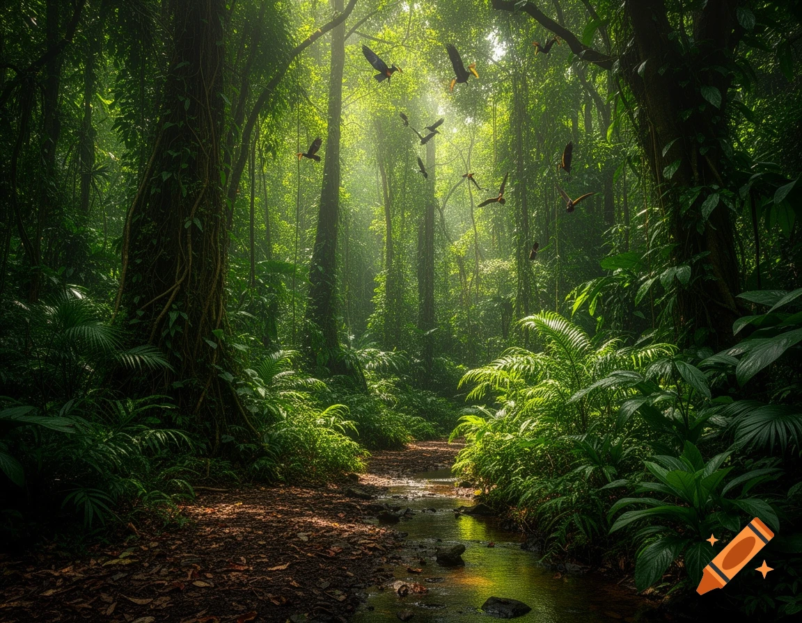 A sun-drenched, lush green jungle with a small stream, a muddy path, and tropical birds flying under rays of light.