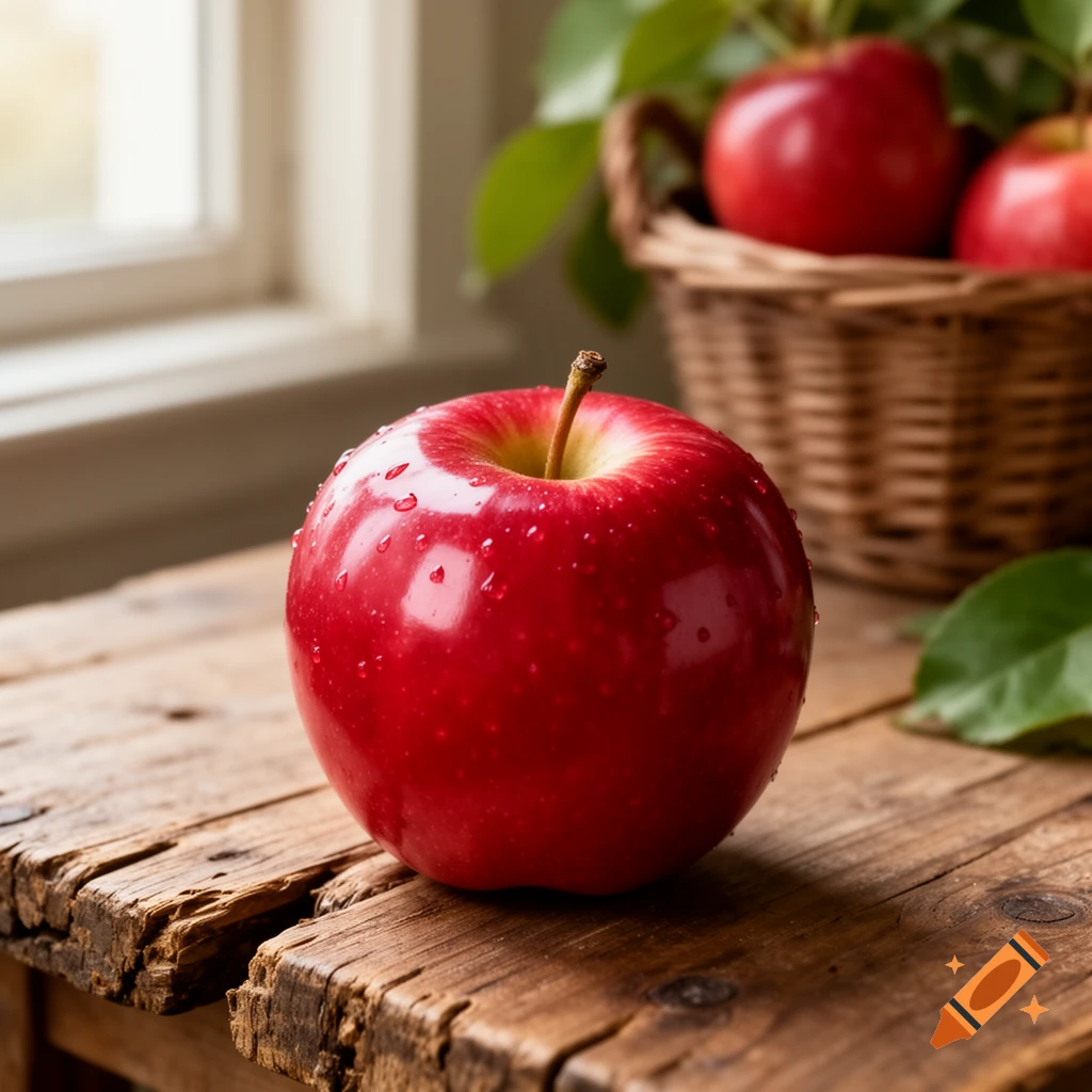 Photorealistic close-up of a dewy red apple on a rustic wooden table, with a blurred basket of apples and a window in the background.