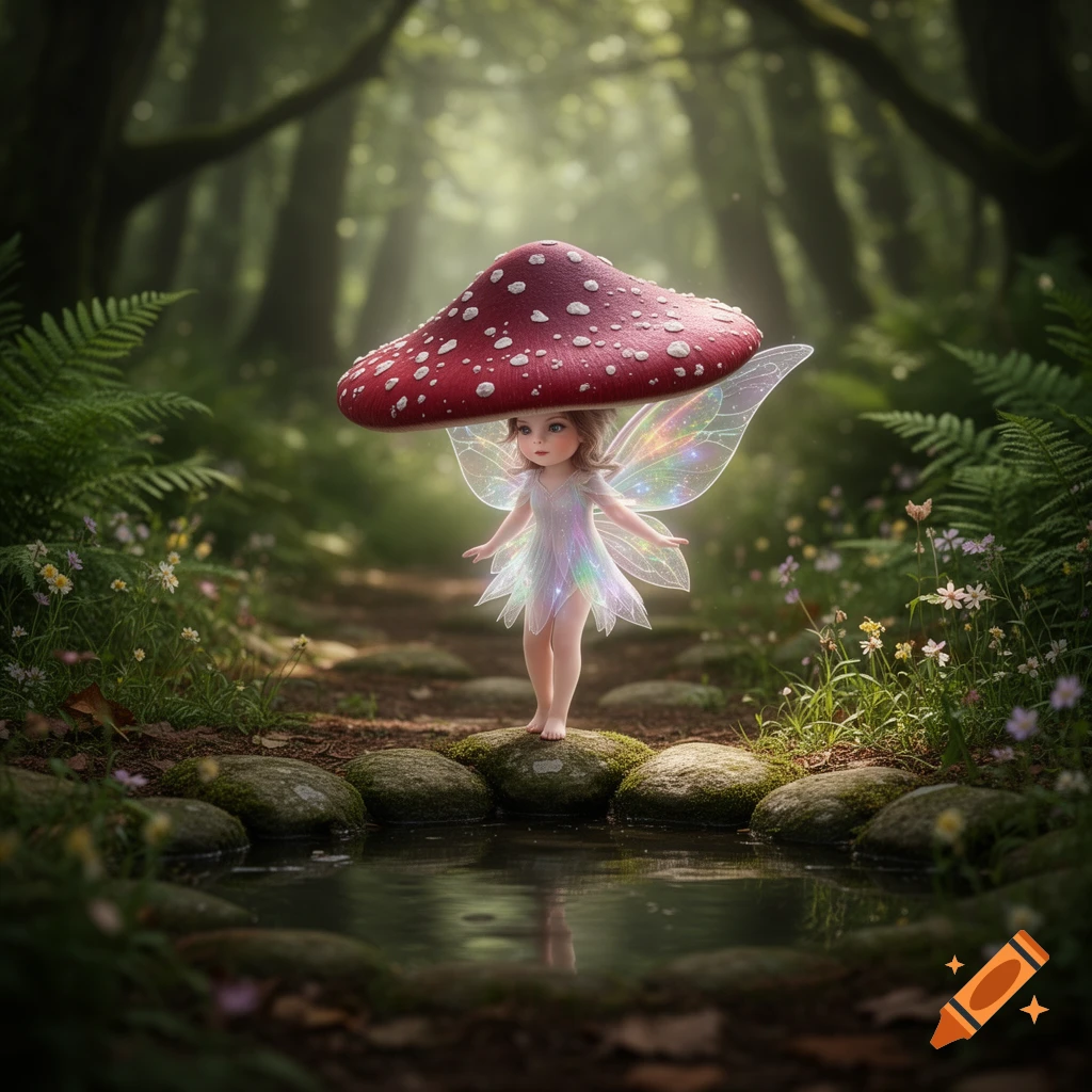 A small fairy with glowing iridescent wings and a large red mushroom cap hat stands on mossy stones over a pond in a magical forest.