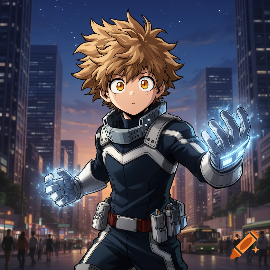 MHA style anime boy with light brown hair and amber eyes in a superhero suit, hands glowing with energy, standing on a city street at dusk.