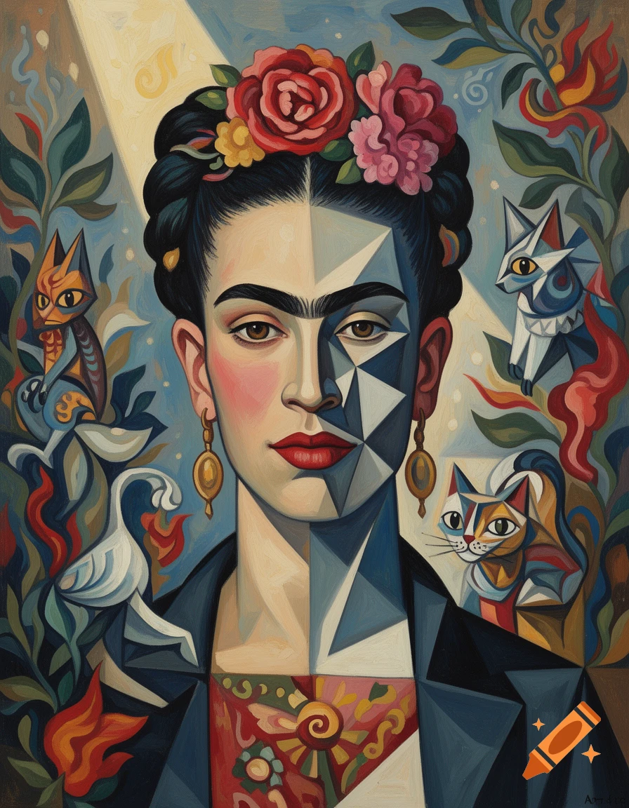 Stylized portrait of a woman with a unibrow and floral crown, half-rendered realistically and half-cubist, surrounded by geometric animals and foliage.