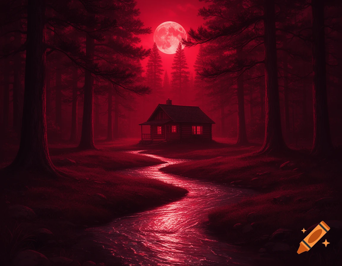 A red full moon illuminates a log cabin in a dark forest, with a winding red creek flowing through the foreground.