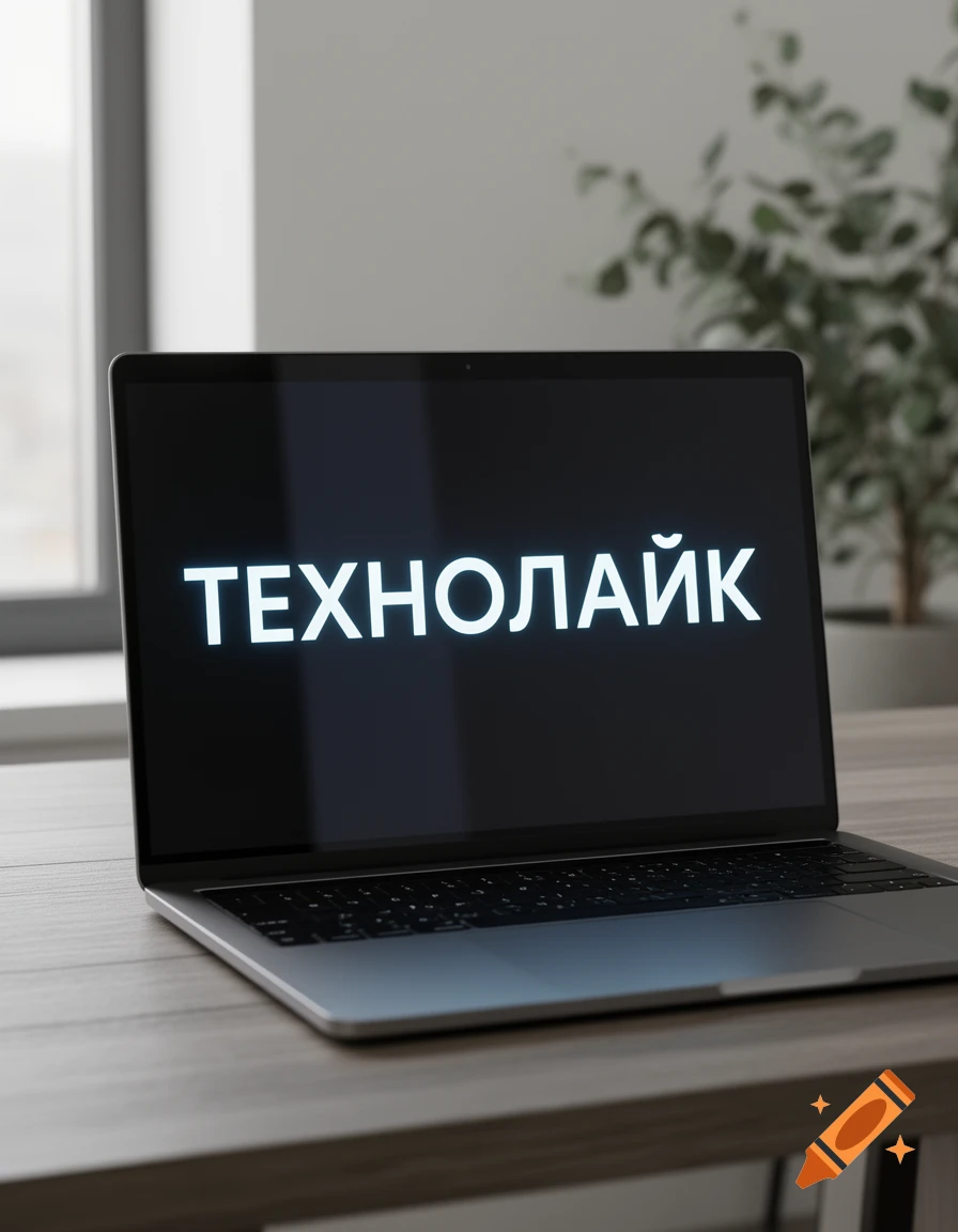 A close-up, eye-level shot of a silver laptop resting on a wooden desk, displaying the word "ТЕХНОЛАЙК" in white on its black screen. A blurry window and a green plant are in the background.