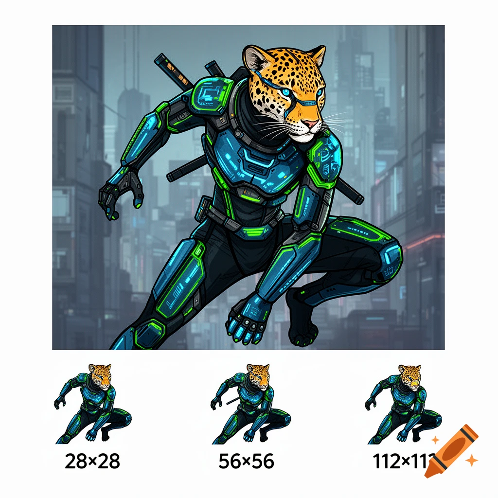 A crouching anthropomorphic jaguar in a blue and green cyberpunk suit with swords on its back, set against a futuristic city.