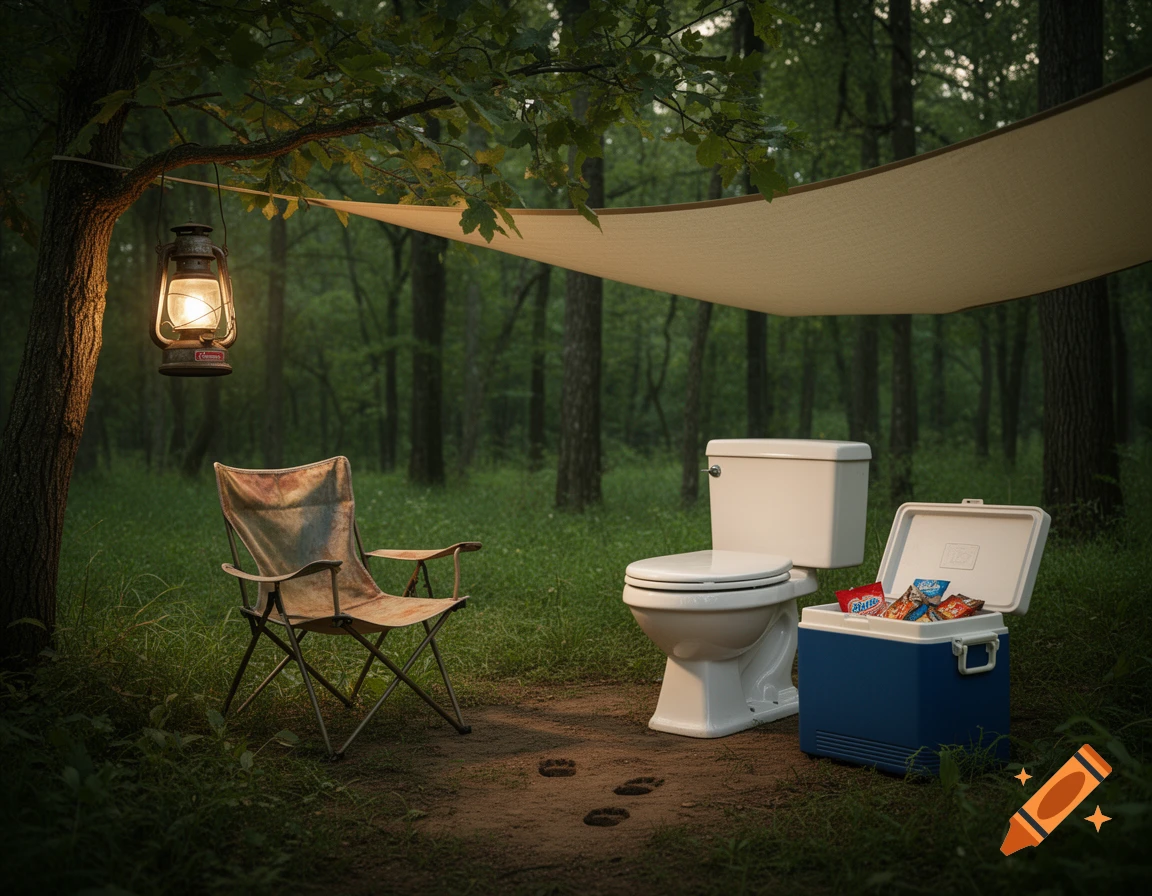 A camping chair, glowing lantern, white toilet, and blue cooler filled with snacks are set up in a lush forest under a beige tarp.