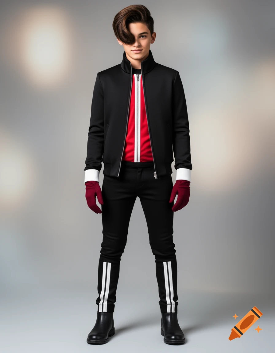 A young boy in a black jacket, red shirt, dark red gloves, black pants with white vertical stripes, and black boots, standing against a grey background.