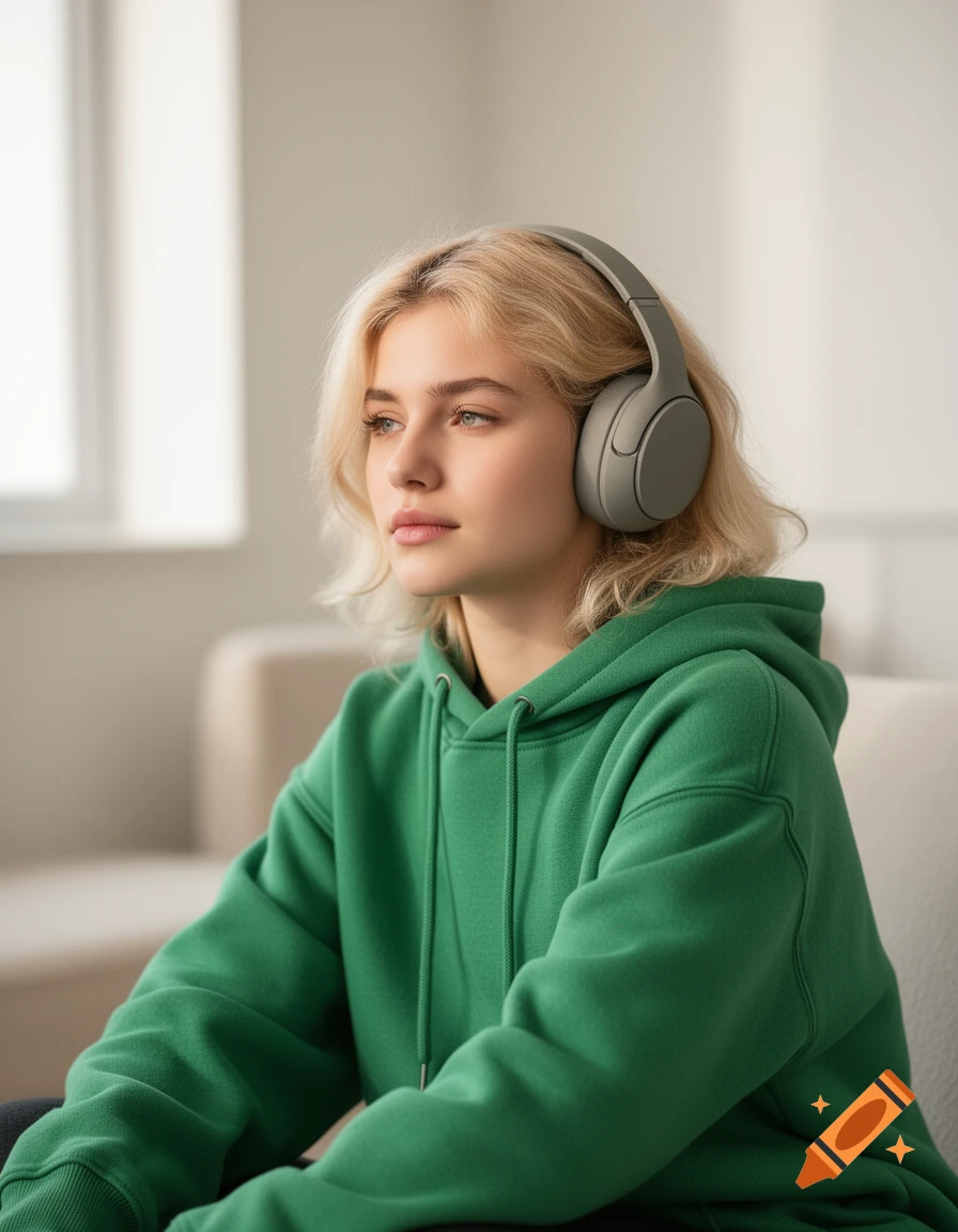Photorealistic portrait of a blonde woman in a green hoodie and gray over-ear headphones, looking left thoughtfully.