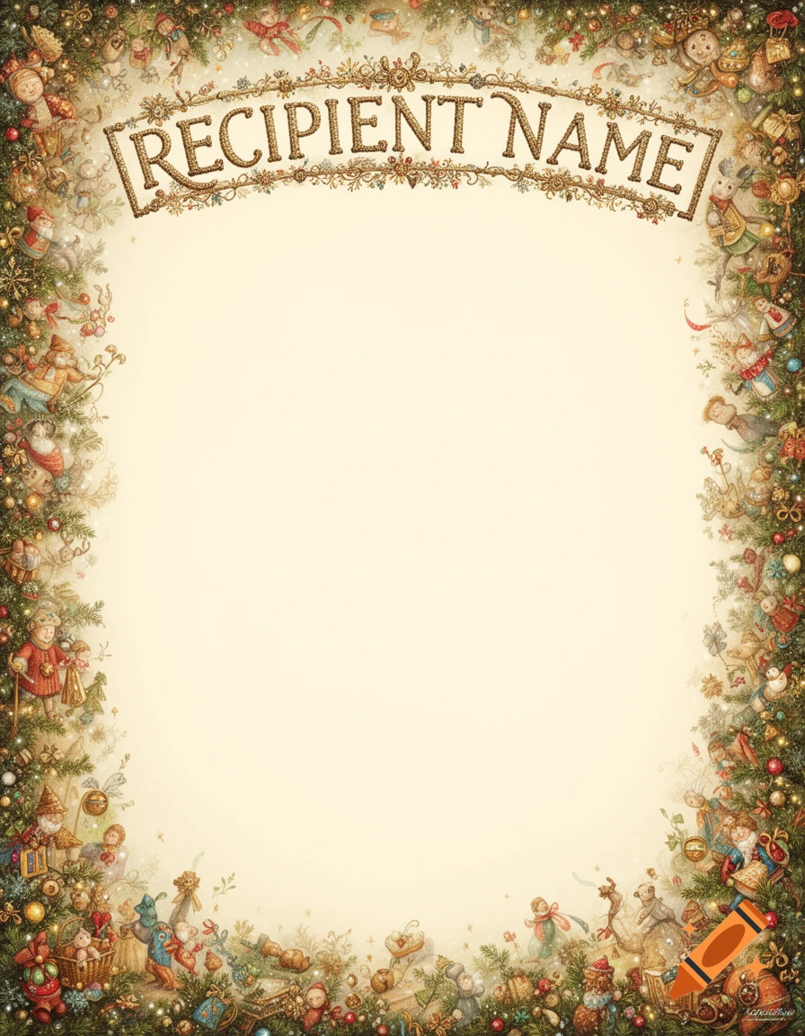 A detailed Christmas letter template with a blank cream center, framed by an ornate border of festive ornaments and toys, featuring 'RECIPIENT NAME' at the top.