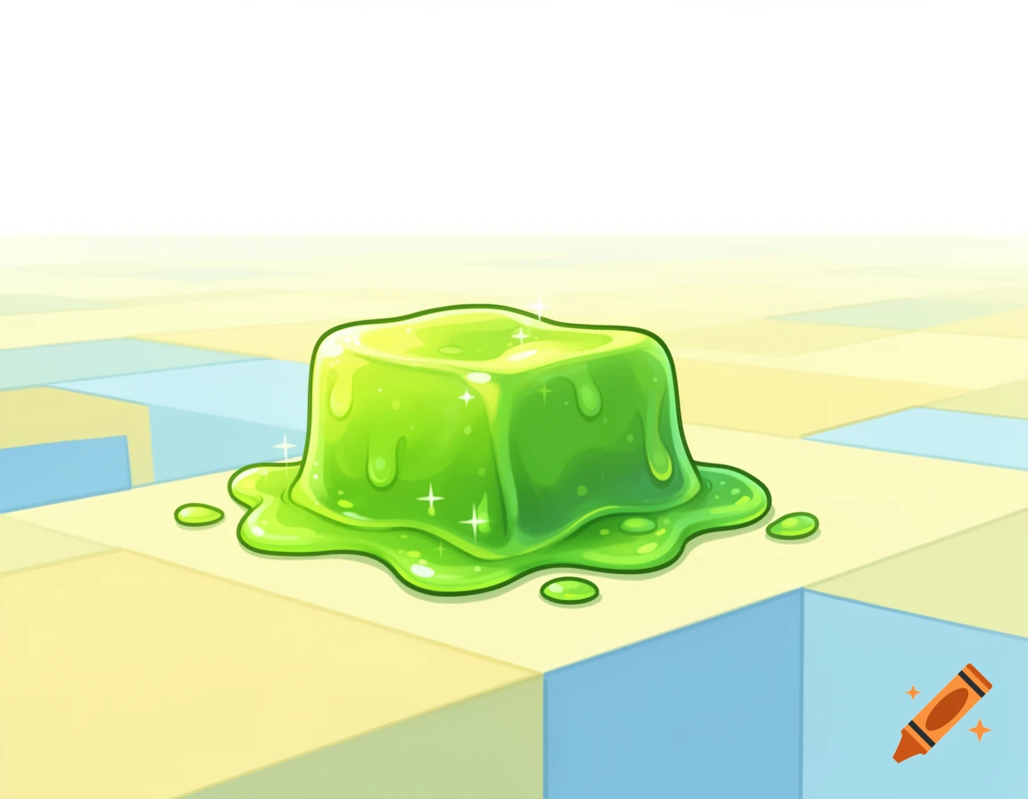 A cute, blocky, slimy green blob oozing on a yellow and blue blocky plain in a cartoon style.