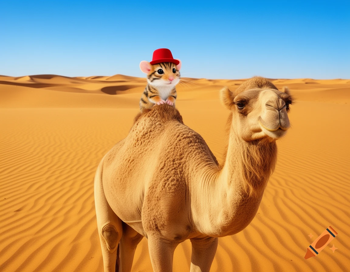 A small tiger-striped mouse wearing a red hat rides on a camel in a sunny desert landscape. Photorealistic.