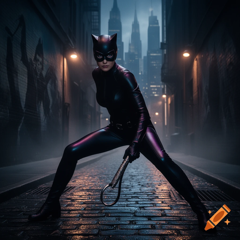 Catwoman in a sleek black suit poses in a dark, wet alleyway with a cityscape in the background, holding a whip.