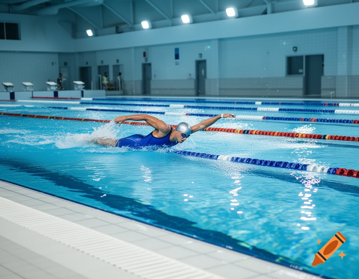 A swimmer in a blue swimsuit and swim cap swims freestyle in an indoor pool, creating splashes.