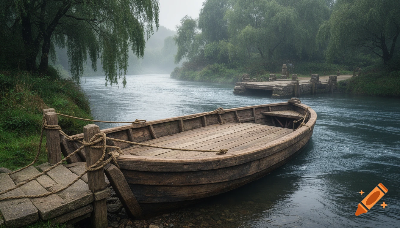 Rustic wooden boat moored at a stone dock on a misty river, with lush trees and a distant ferry landing.
