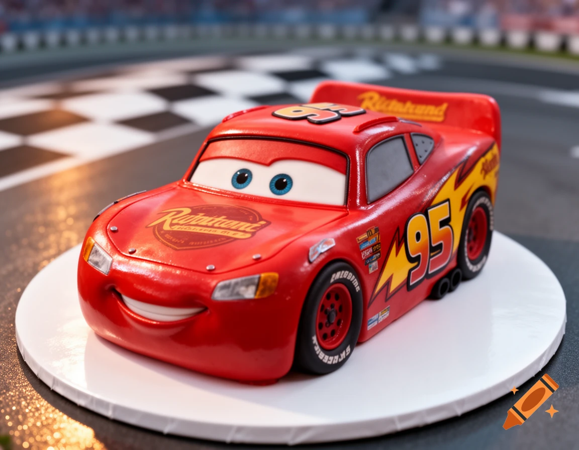 A highly realistic Lightning McQueen cake, meticulously decorated, sits on a white cake board on a race track background.