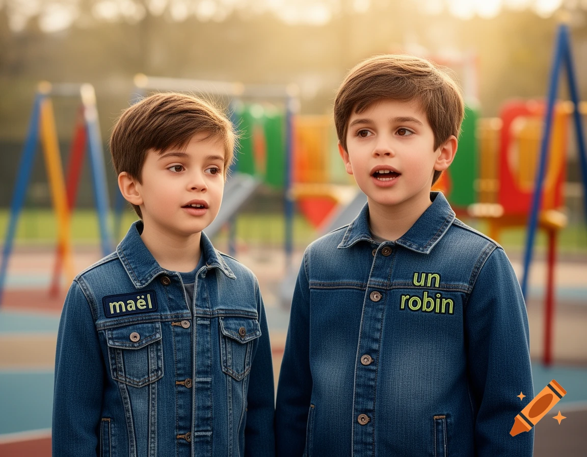 Two young boys in denim jackets, one named 'maël' and the other 'un robin', stand in a sunny playground.