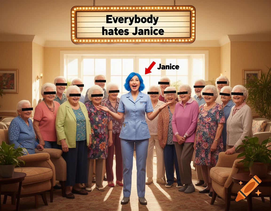 A blue-haired nurse, Janice, stands among smiling elderly people with censored eyes in a retirement home, under a marquee reading "Everybody hates Janice".