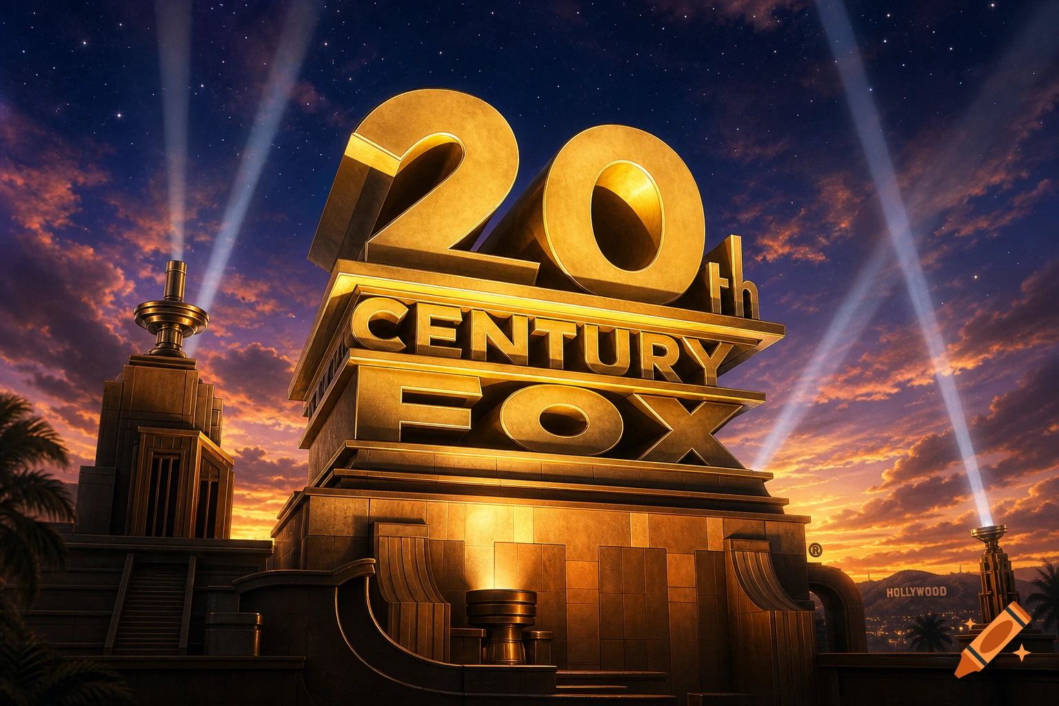 Photorealistic 3D golden 20th Century Fox logo on a monument with searchlights, against a dramatic sunset sky. The Hollywood sign is in the background.