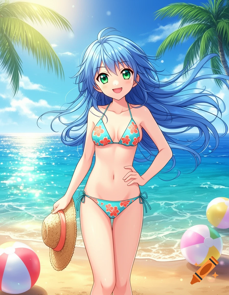 An anime girl with blue hair and green eyes, wearing a floral bikini, stands smiling on a sunny beach with palm trees, ocean, and beach balls.