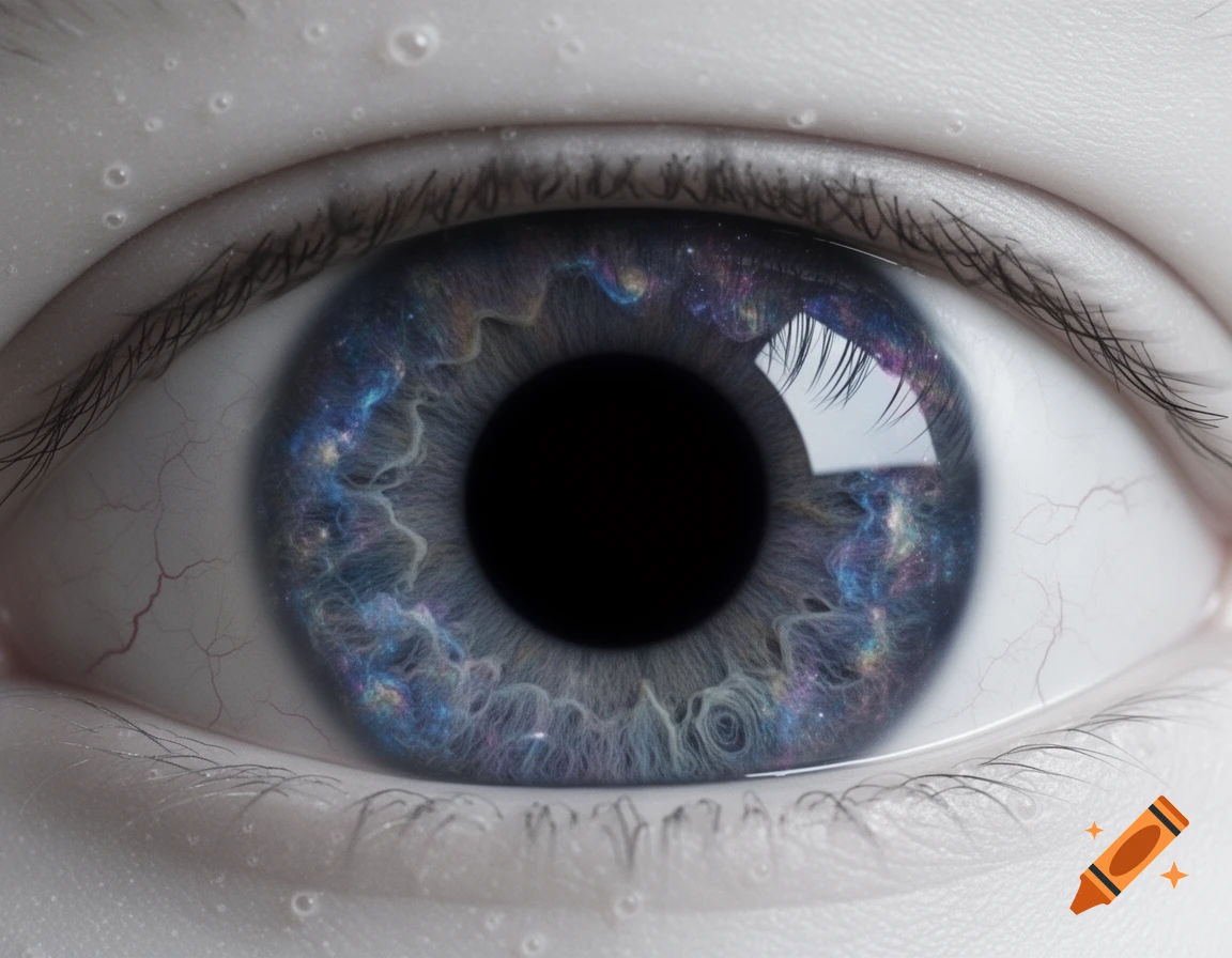 A close-up of an uncanny eye with a black pupil and a blue-purple iris resembling a swirling galaxy.