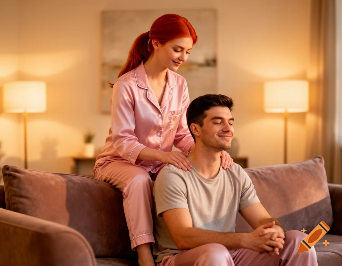 A woman in pink pajamas massages a man's shoulders on a couch in a warm living room, both smiling with closed eyes.