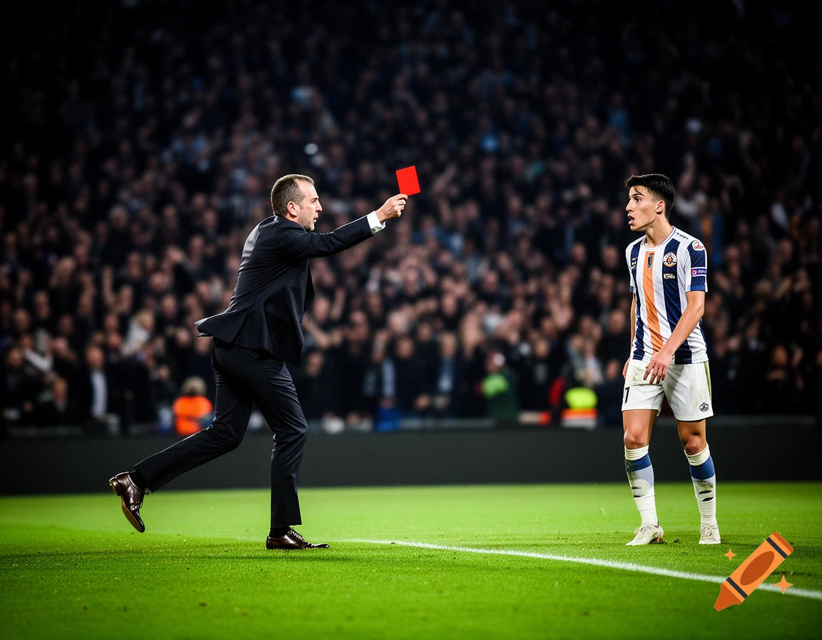 A photorealistic image of a soccer referee showing a red card to a player on a green field in a stadium.