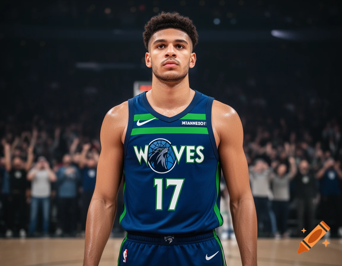 Young Black male basketball player in a blue Timberwolves jersey with number 17, standing on a court.