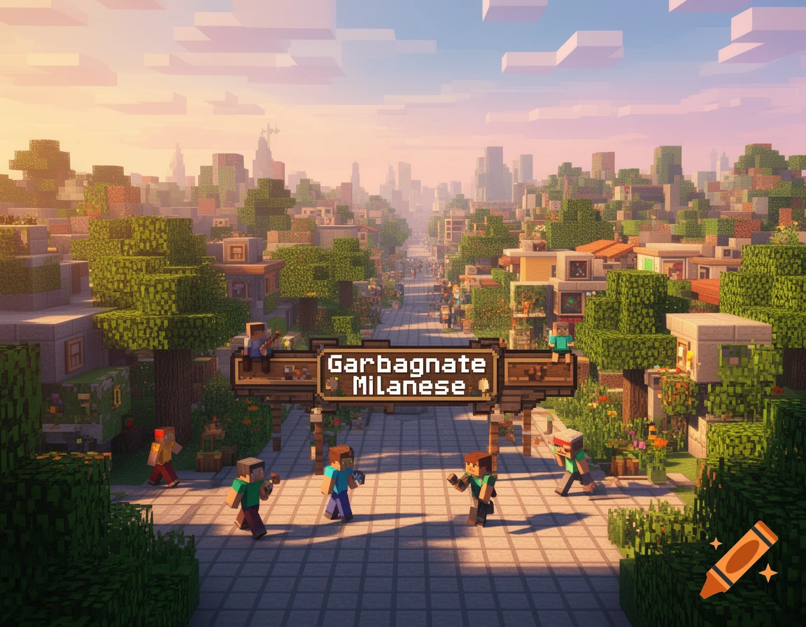 A vibrant Minecraft-style cityscape with blocky buildings, lush trees, and characters strolling. A prominent sign reads 'Garbagnate Milanese'.