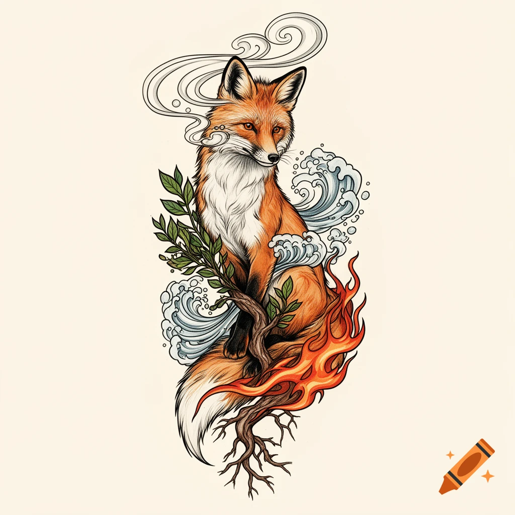 An illustrated fox surrounded by stylized smoke, waves, fire, and tree roots.