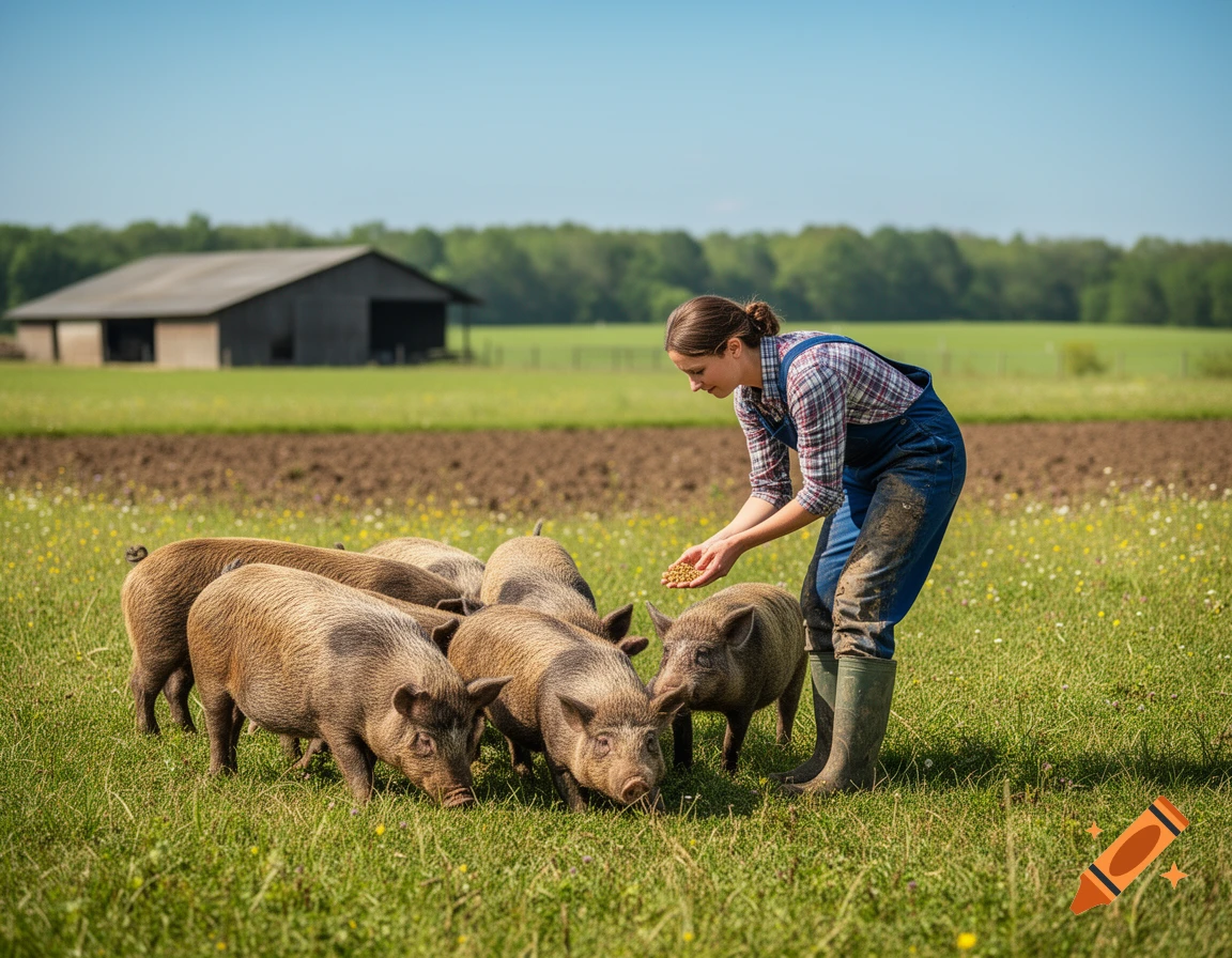 A woman in overalls and rubber boots feeds a group of pigs in a grassy field on a sunny farm day.