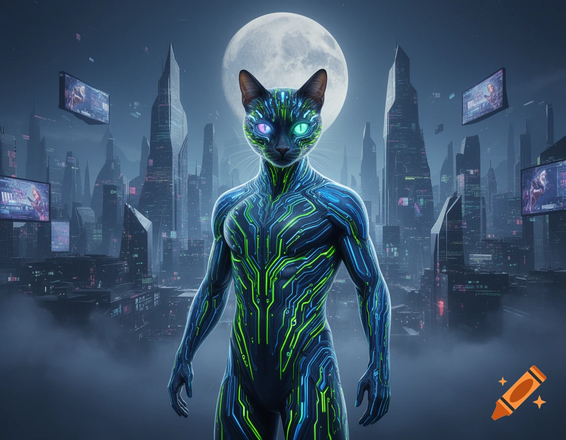 A humanoid black cat with glowing circuit patterns stands in a foggy cyberpunk city at night under a full moon, with floating screens.