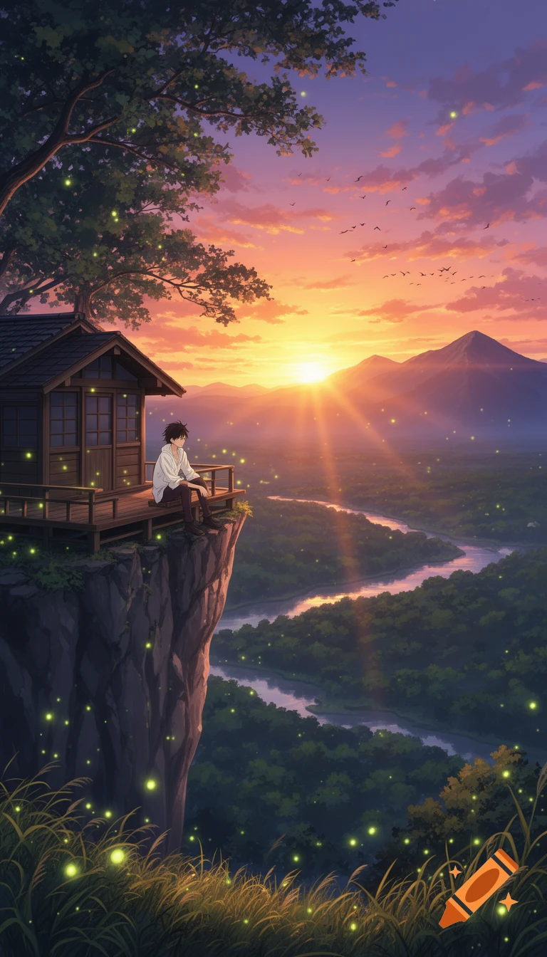 Anime-style scene of a young man on a cliffside cabin porch, watching a golden sunset over a forest valley with a river and fireflies.