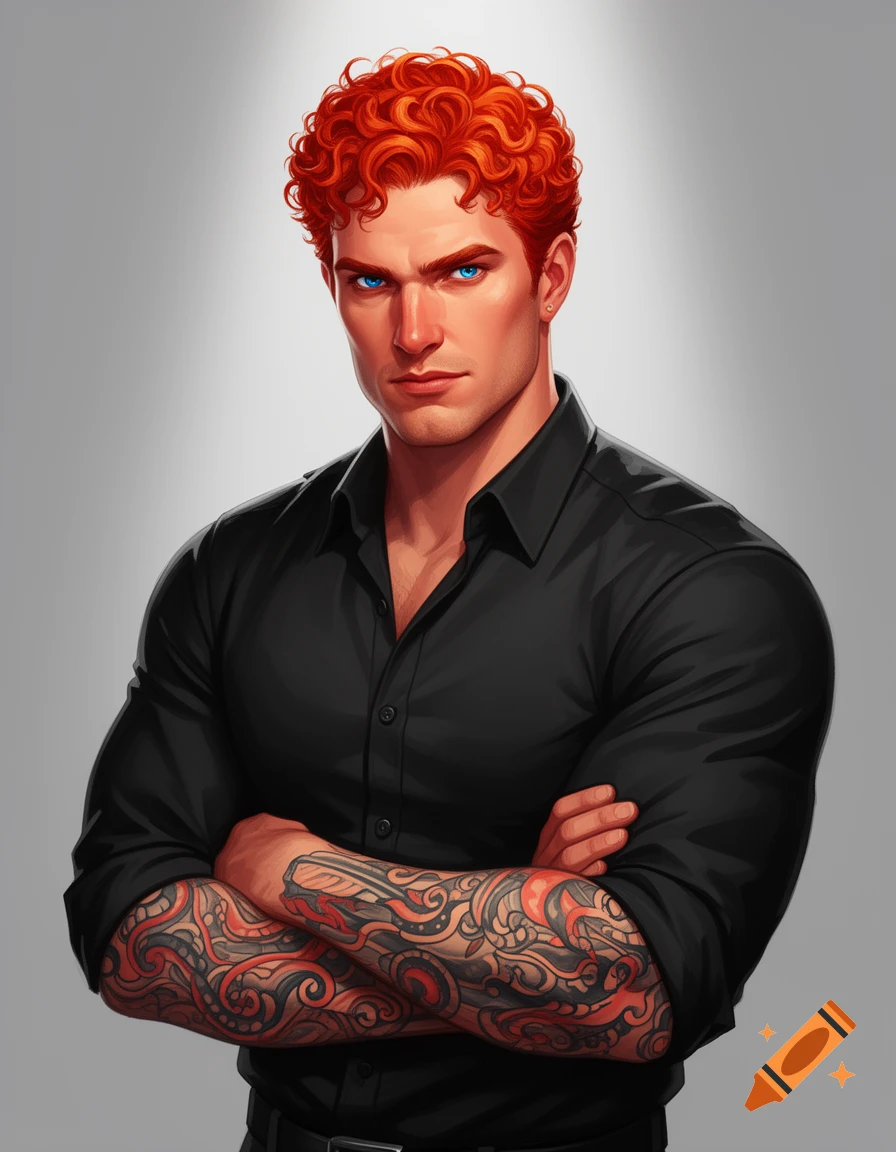 Animated portrait of a muscular man with curly red hair, blue eyes, and full sleeve tattoos, wearing a black shirt.