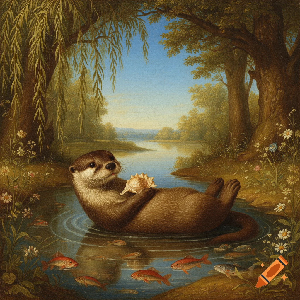 An otter floats on its back in a river, holding a seashell, surrounded by fish and lily pads, in a detailed Renaissance painting style.