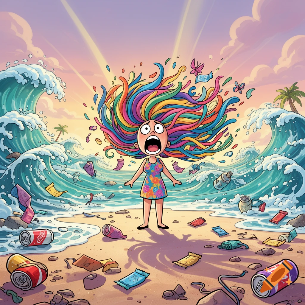A cartoon woman with rainbow hair screams in distress on a trash-strewn beach as large waves crash around her.