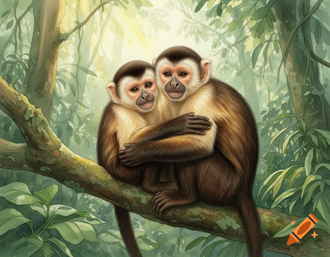 Two capuchin monkeys hug on a tree branch in a lush tropical rainforest, depicted in a detailed watercolor illustration.