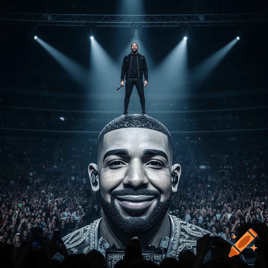 Kendrick Lamar stands on a giant, smiling head of Drake at a dark concert stadium, lit by spotlights over a cheering crowd.