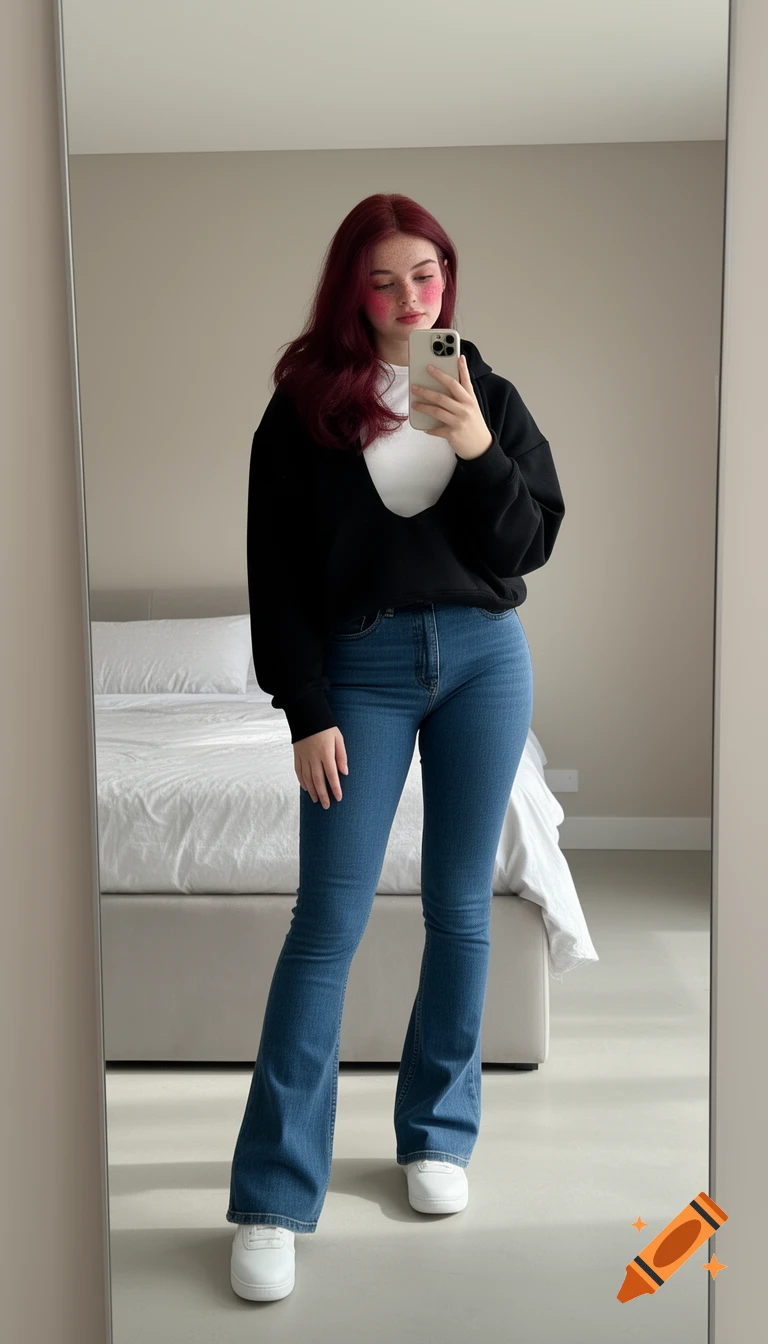 A young woman with dark red hair and pink blush takes a mirror selfie in a bedroom, wearing a black hoodie, white top, flared jeans, and white shoes.