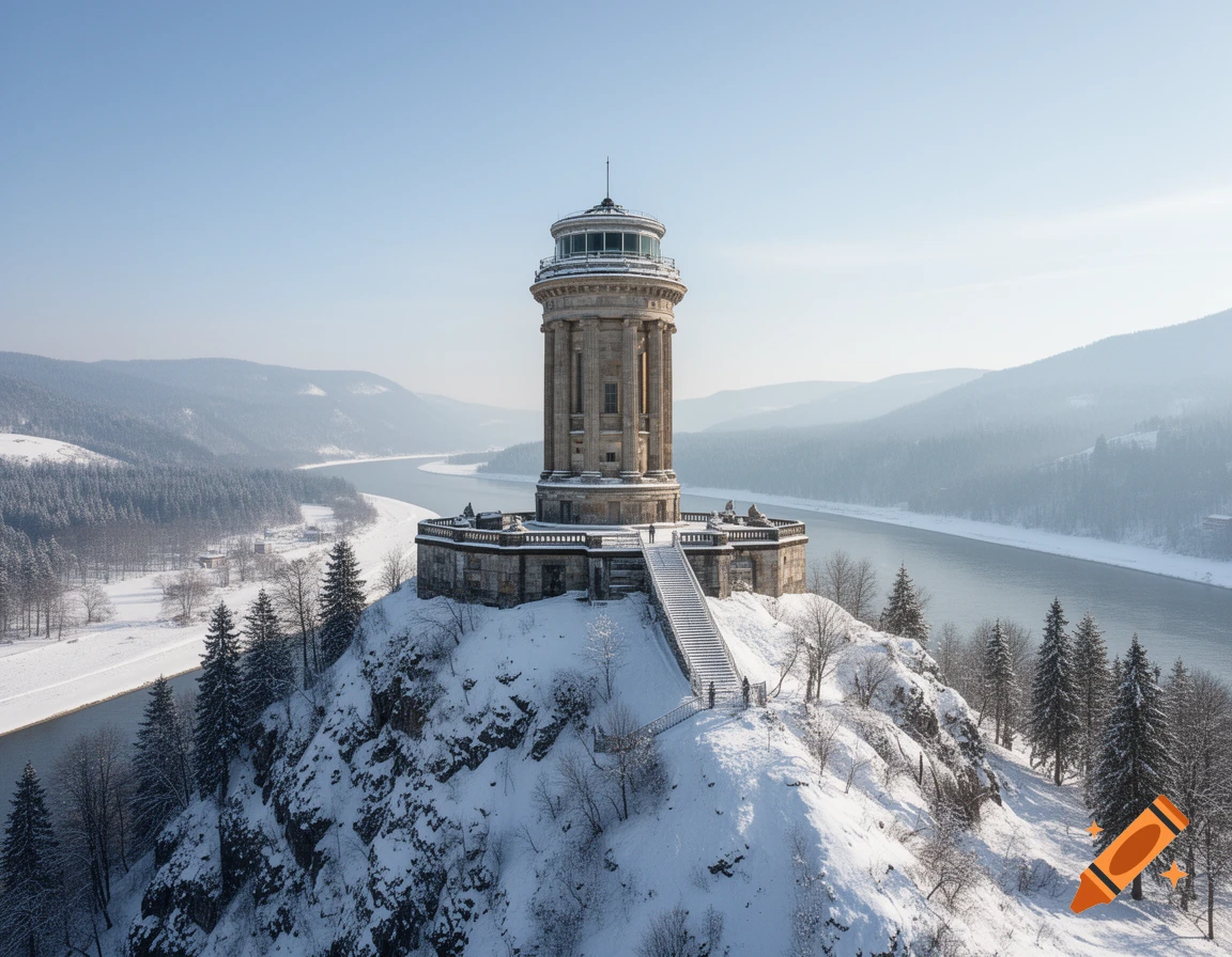 Aerial view of a classical stone observatory tower on a snowy hill, with a winding river and forested mountains under a clear winter sky.