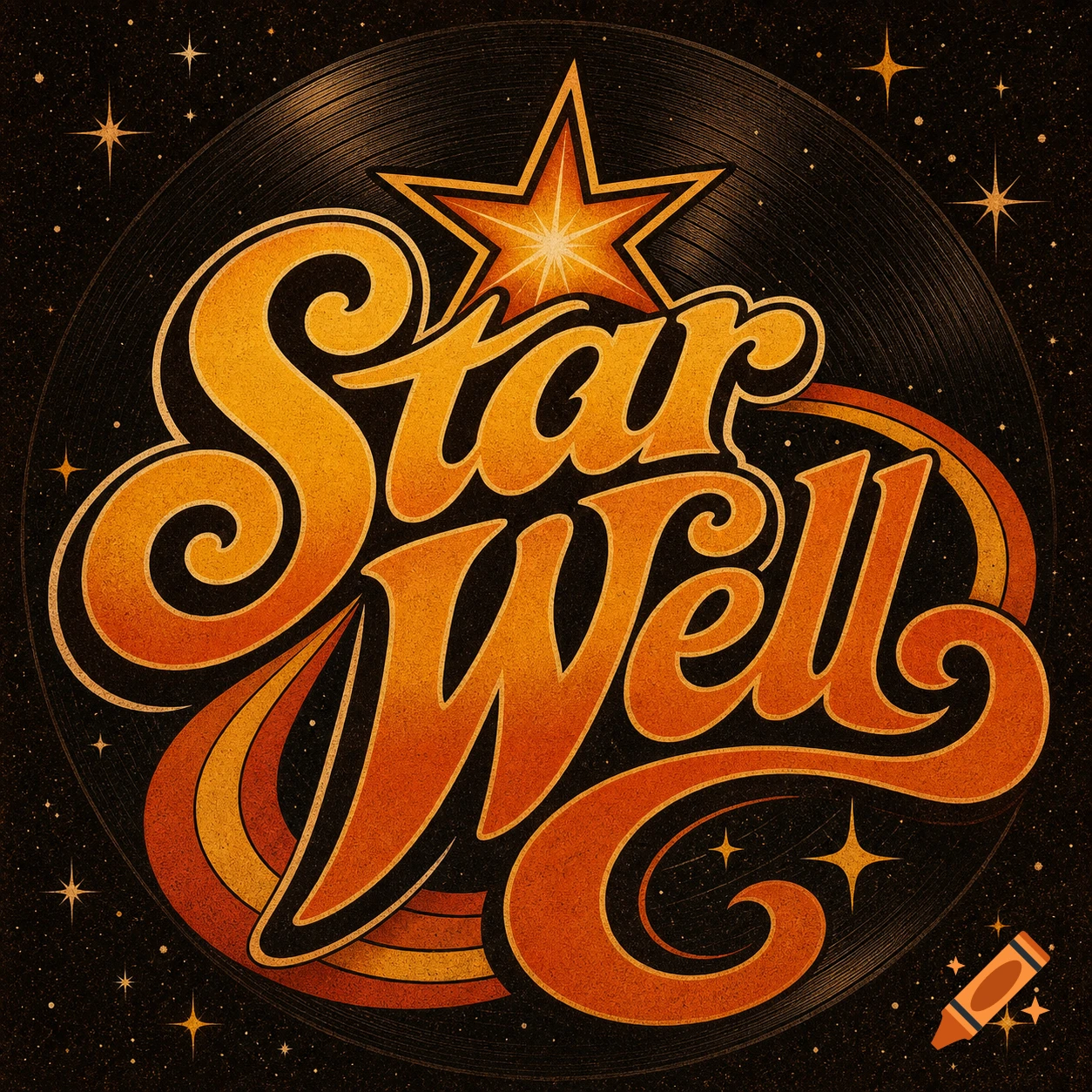 A retro 70s style logo for the band 'Star Well' featuring an orange star and text on a vinyl record background.