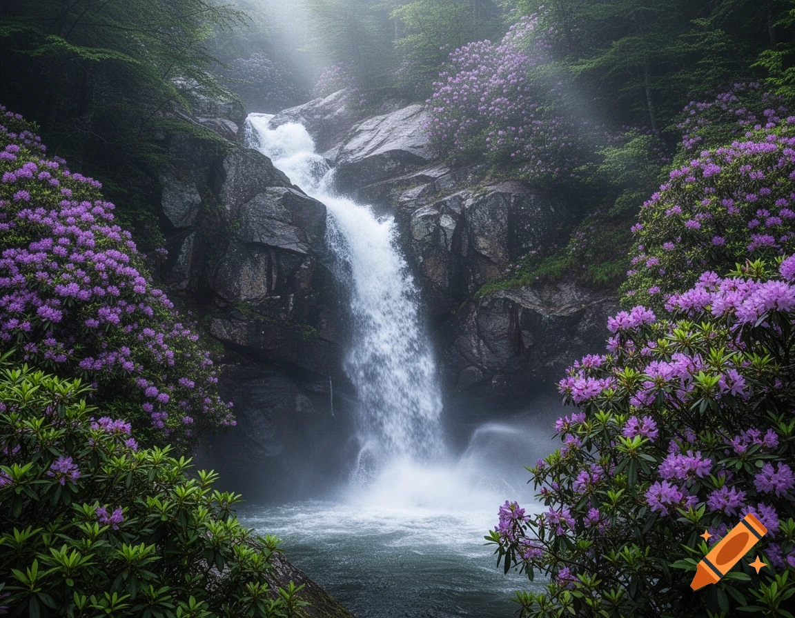 A majestic waterfall cascades over rocks, surrounded by lush purple rhododendron bushes in a misty, verdant forest.