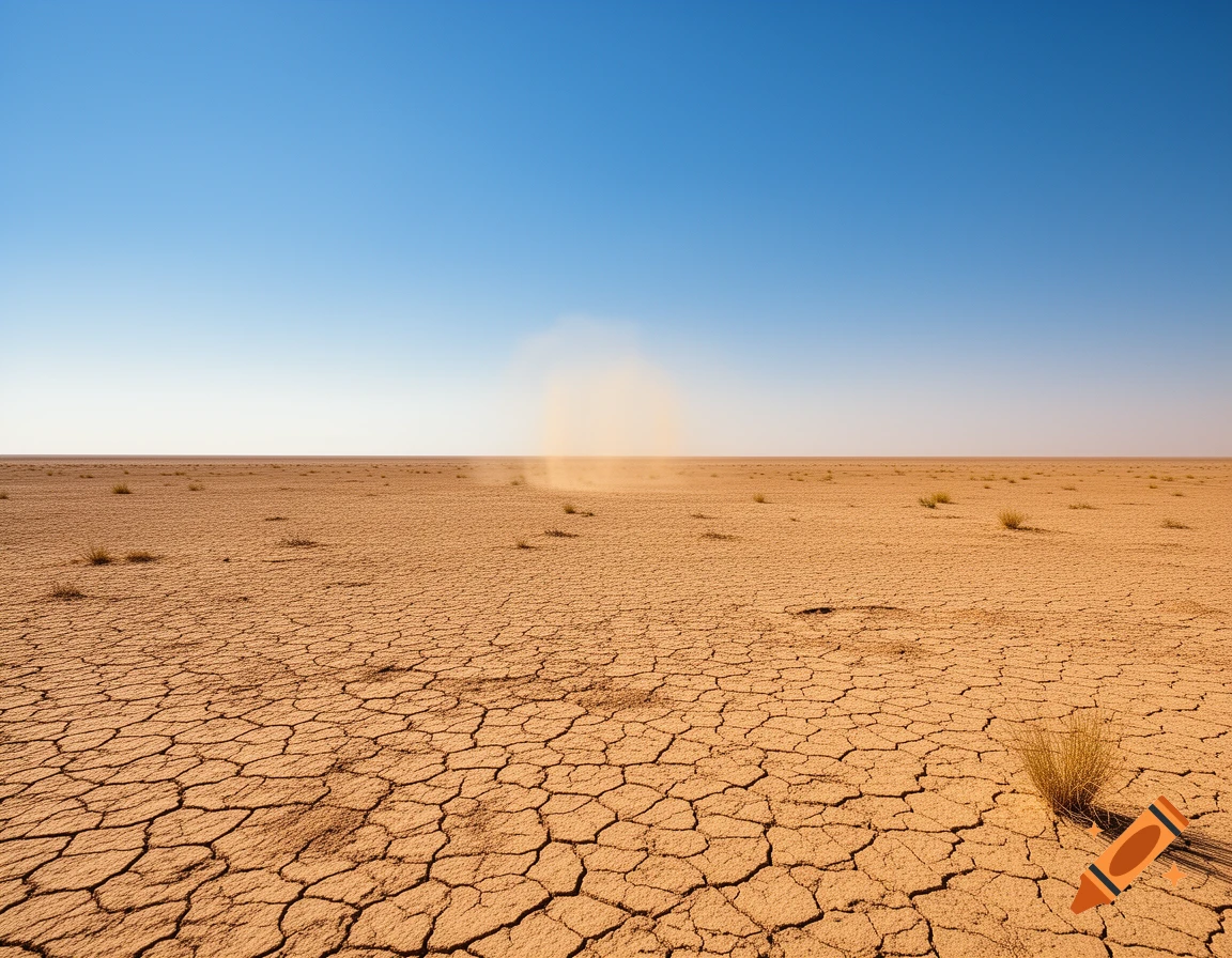 A vast, cracked desert landscape under a clear blue sky, with sparse dry grass and a distant dust cloud.