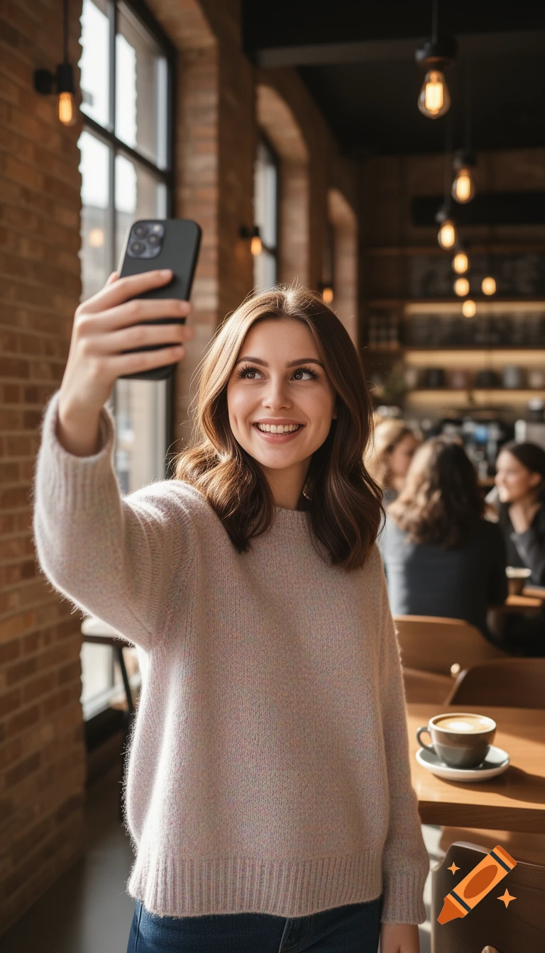A smiling young woman in a light sweater takes a selfie with her phone in a cozy cafe with brick walls and warm lighting.