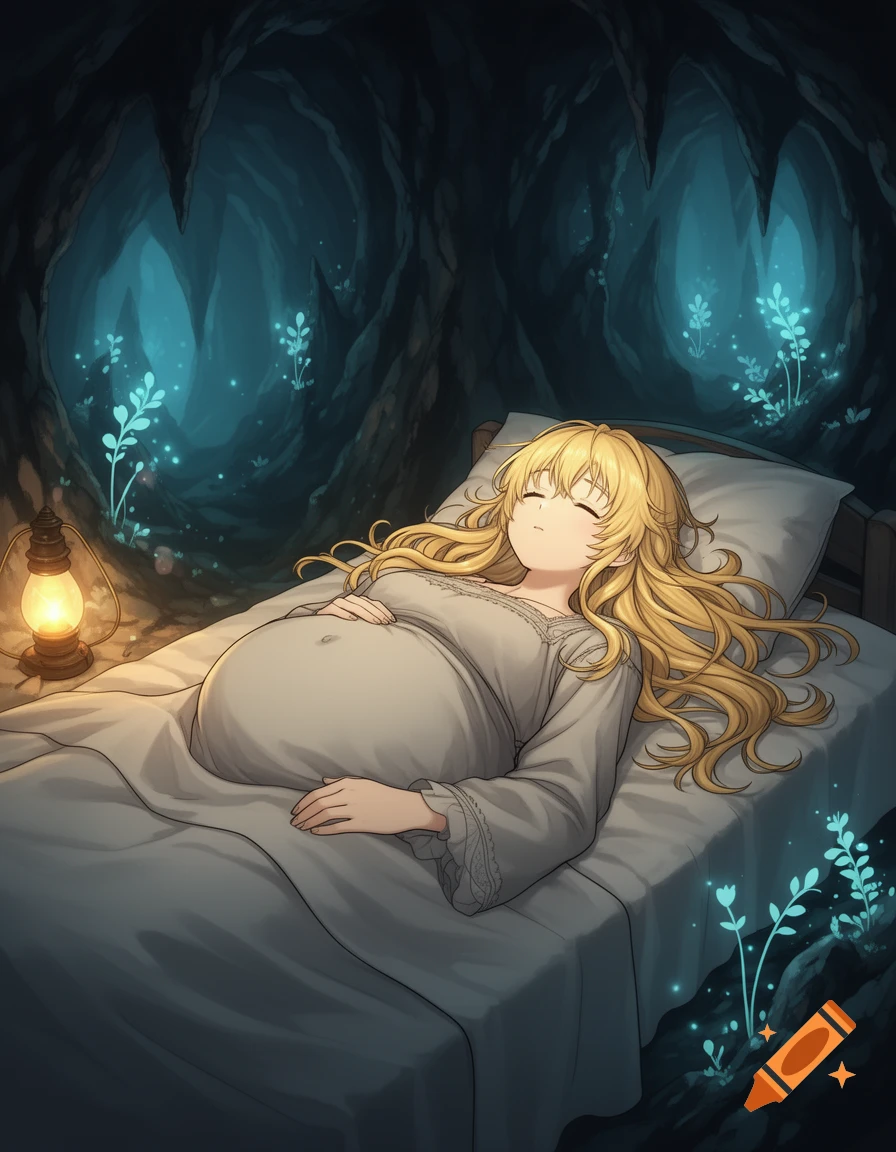 Anime illustration of a pregnant woman with blonde hair sleeping peacefully in a bed inside a dark cave illuminated by glowing plants and a lantern.